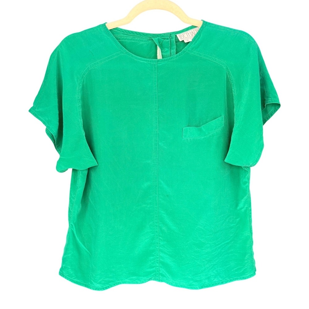 T11 Bethany 100% Silk Blouse Emerald Green Boxy 80s Vintage Minimalist Top